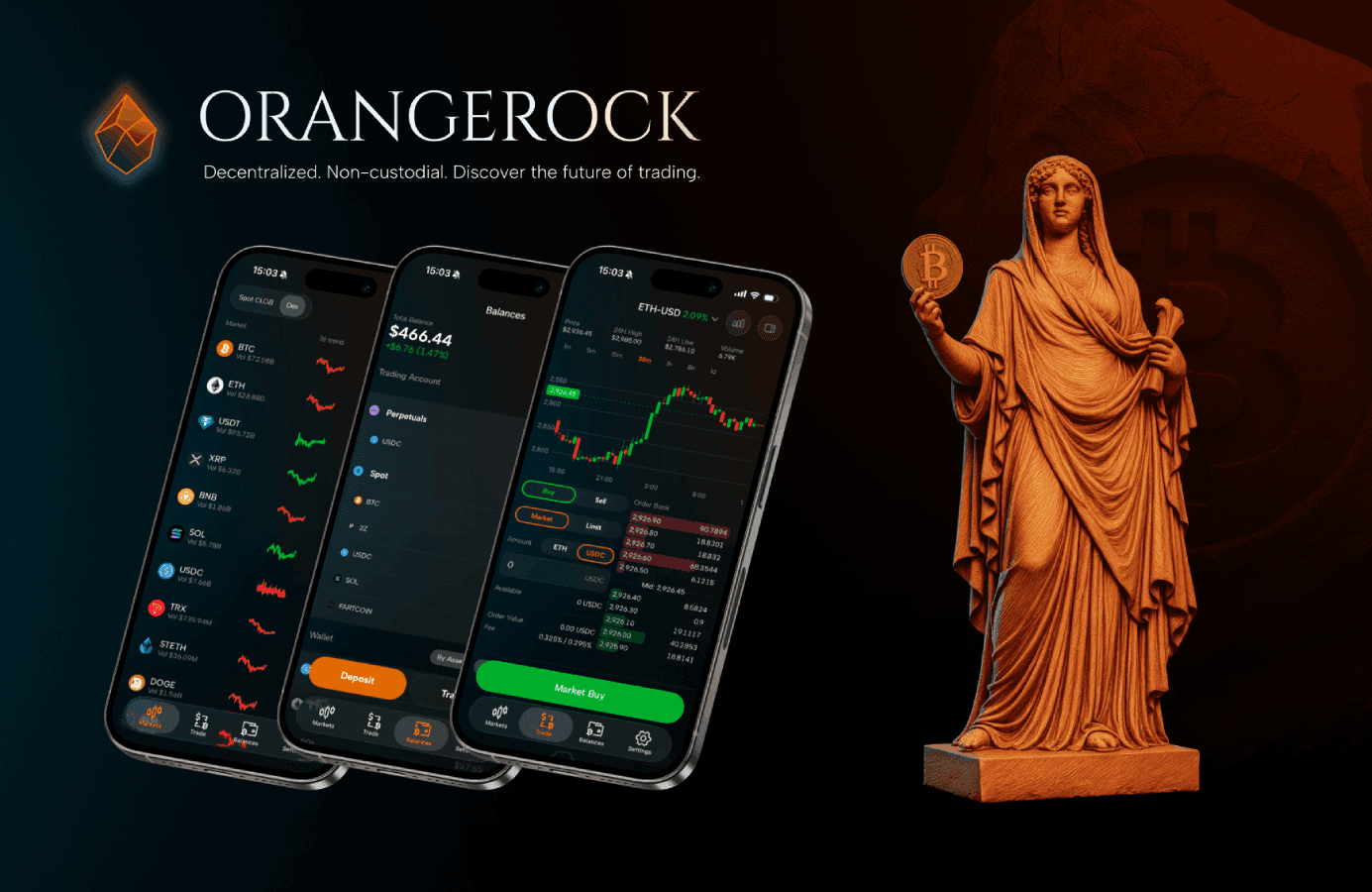 Image showing orangerock screens on 3 different smartphones with a statue holding a bitcoin next to them