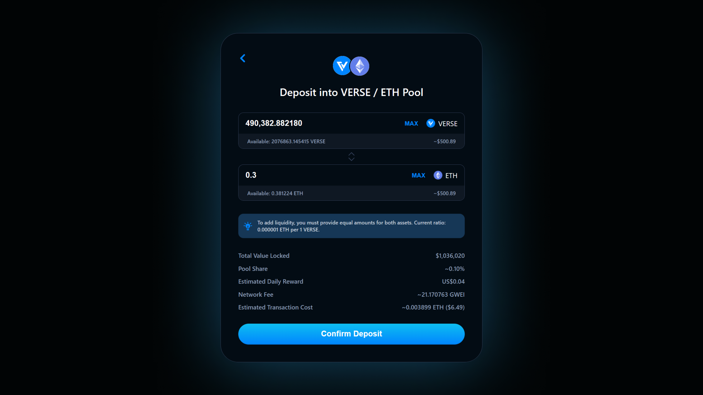 Verse DEX provide liquidity Verse DEX provide liquidity