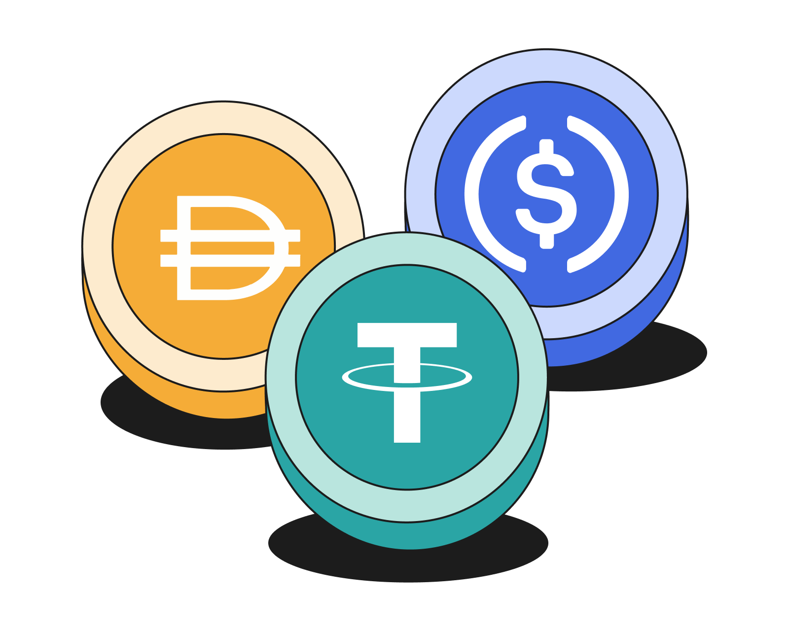 Stablecoins: USDT, USDC, USDE, DAI, BUSD, USDD, PYUSD, TUSD, RLUSD, UST, and FRAX